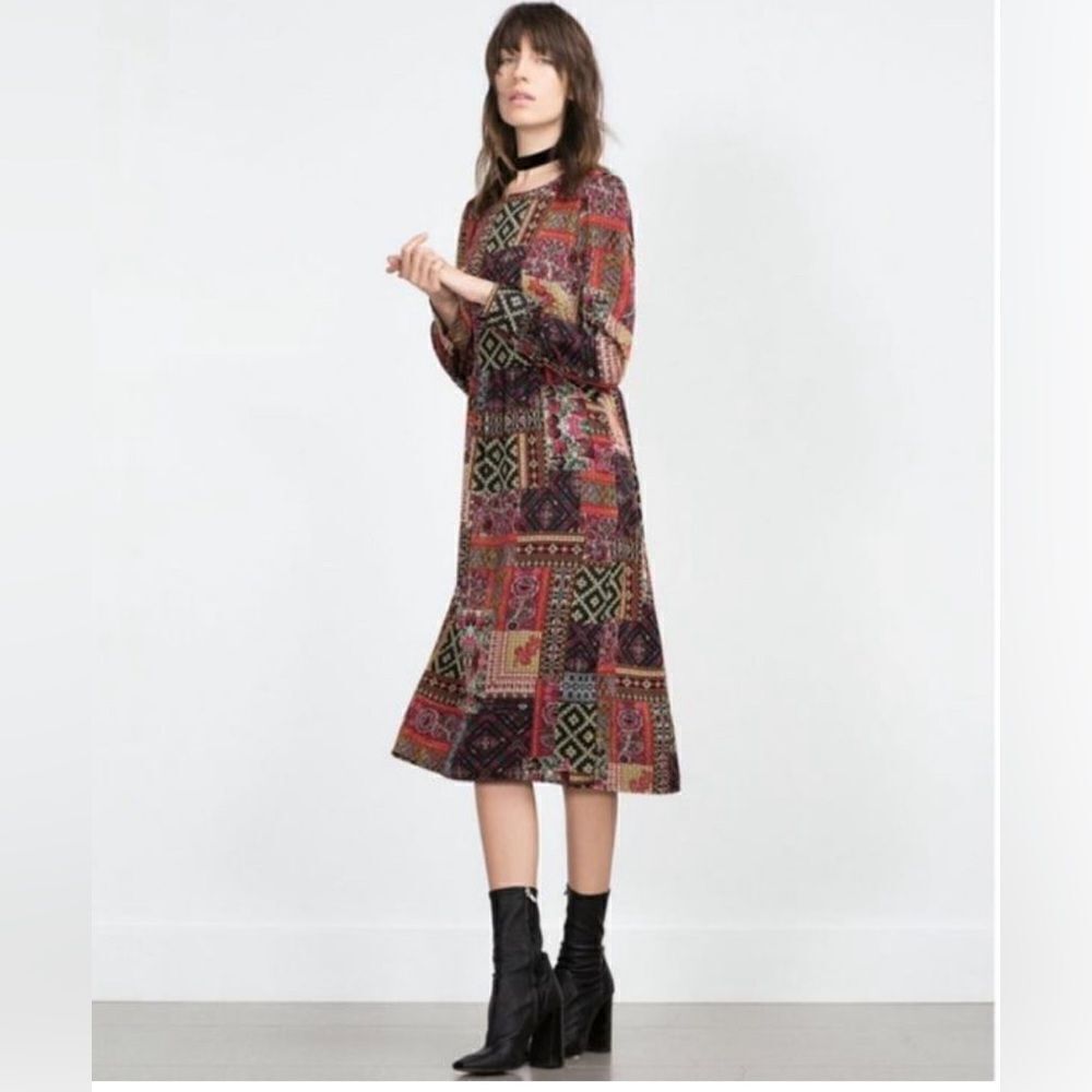 Zara Floral Cottage Core Boho Prairie patchwork Midi Dress. M